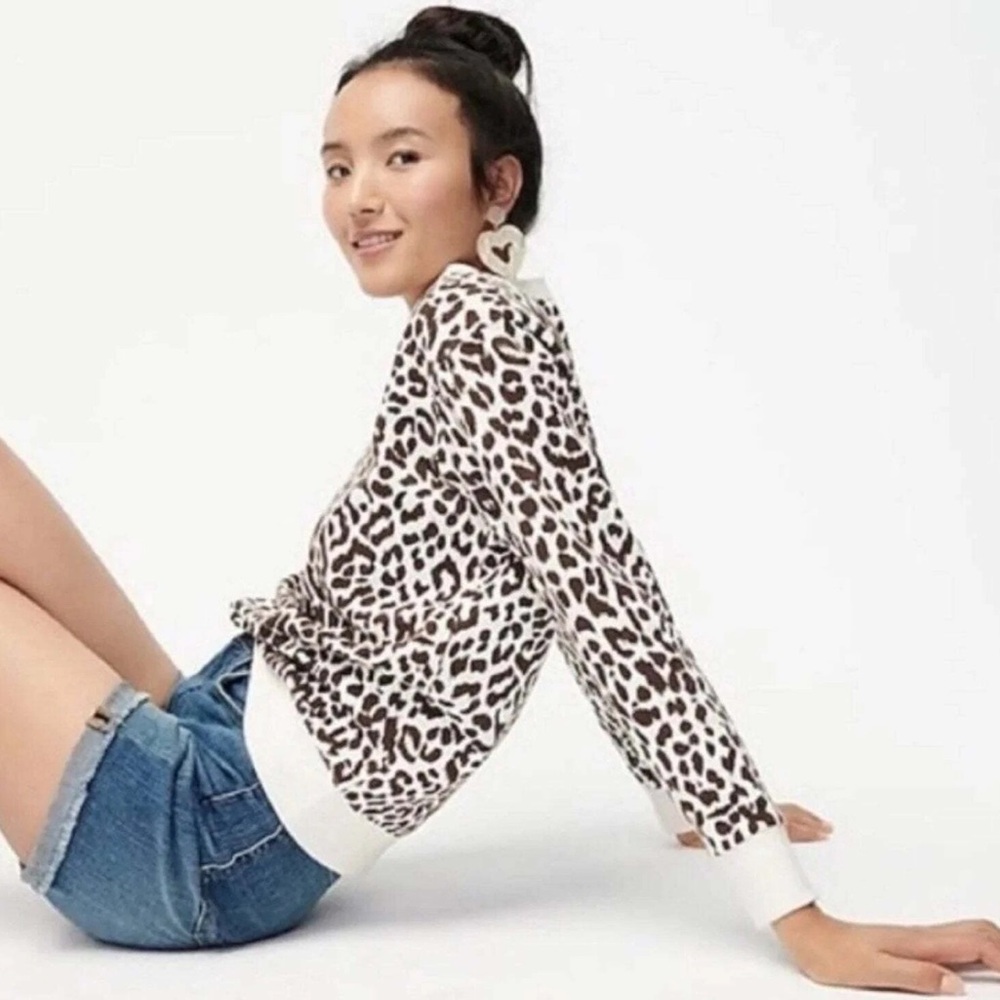 NWOT J. Crew Vintage Fleece Leopard Pullover Sweater Cream/Brown XS